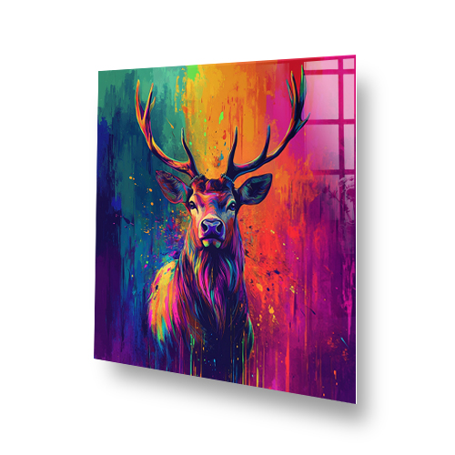 Colourful artistic stag printed kitchen splashback with vibrant neon background Side View