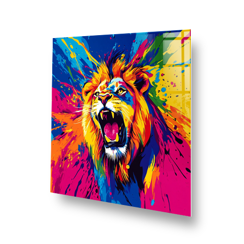 Colourful roaring lion splashback with bold abstract paint splashes in orange, pink, blue and yellow Side View
