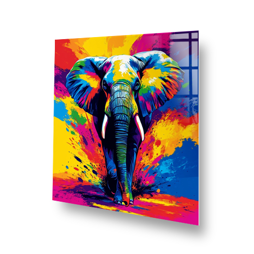 Bright colourful elephant printed splashback with abstract paint splatter design Side View