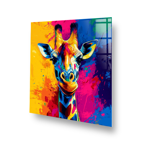 Colourful pop art giraffe splashback with vibrant background Side View
