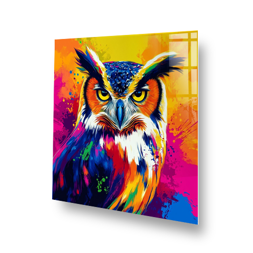 Colourful abstract owl splashback featuring vivid paint splashes Side View