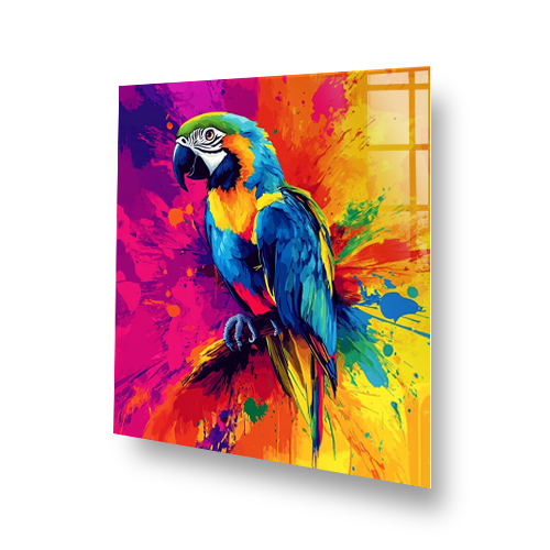 Colourful parrot printed kitchen splashback with vibrant paint splash background Side View