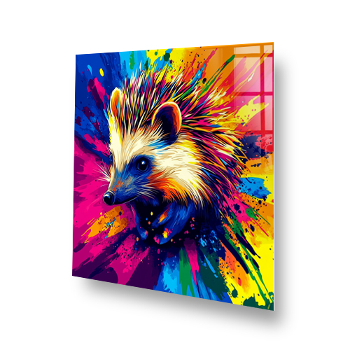 Colourful hedgehog printed on premium toughened glass splashback with vibrant paint splashes Side View