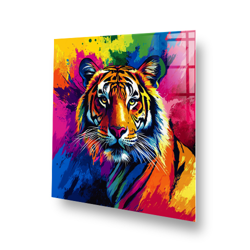 Colourful pop art tiger splashback from the Colourful Wild Animals Selection featuring bold orange, blue, pink, yellow, green and black paint splashes Side View