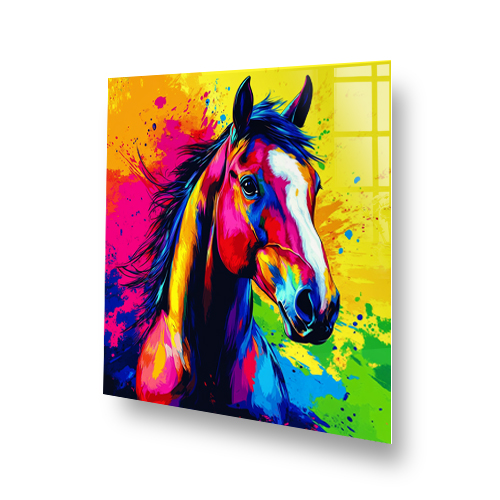 Colourful pop art horse splashback with bold vibrant background Side View