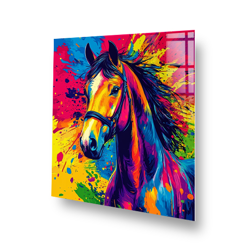 Colourful pop-art style horse splashback with vibrant paint splashes Side View