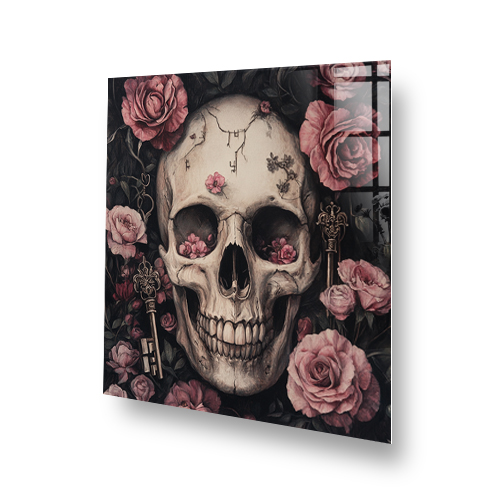Dark floral and skull Gothic splashback with keys and roses Side View