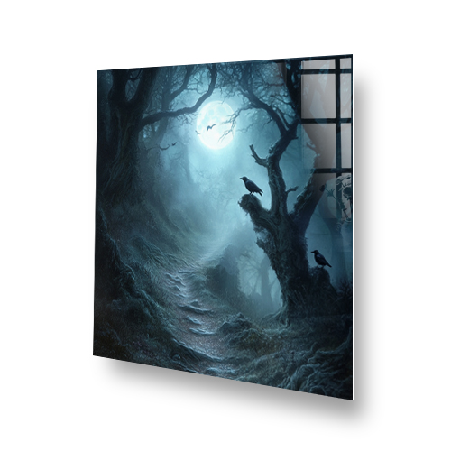 Gothic printed splashback with spooky moonlit forest and crows Side View