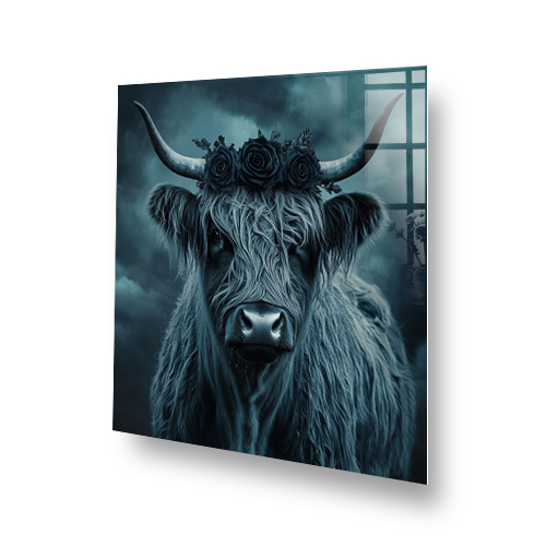 Gothic printed splashback featuring Highland cow with black rose crown in moody blue and grey tones Side View