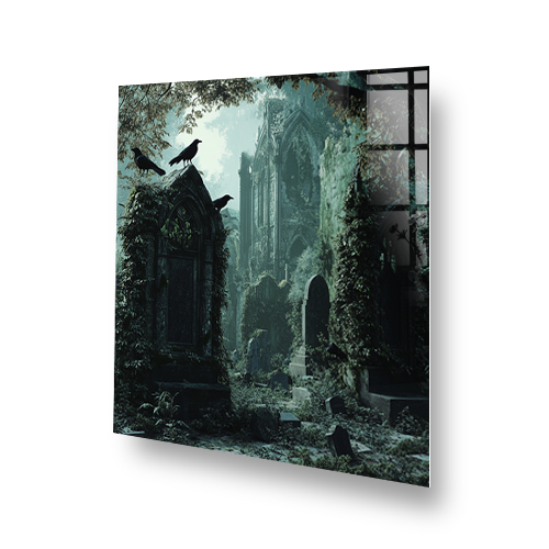 Gothic printed splashback featuring ivy-covered ruins and ravens in moody green-grey tones Side View