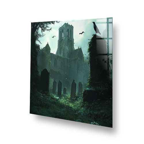 Gothic splashback with ruined abbey, graves and raven in misty green scenery Side View