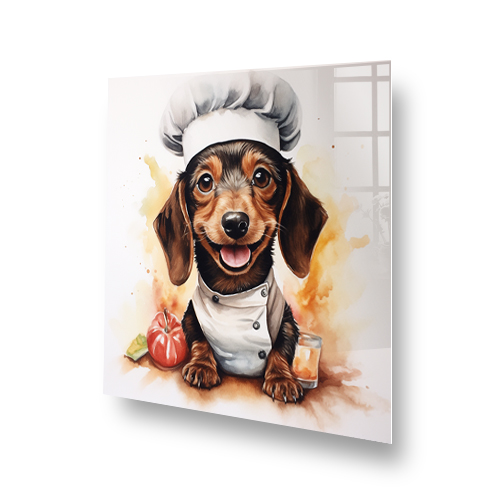 Cute Dachshund Chef splashback with food illustration in watercolour style Side View