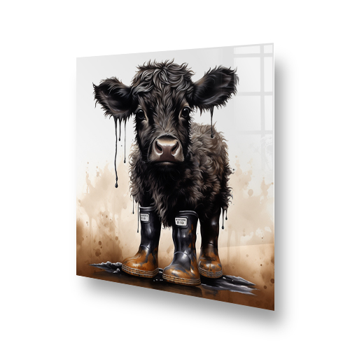 A black cow calf wearing wellies on a brown background Side View