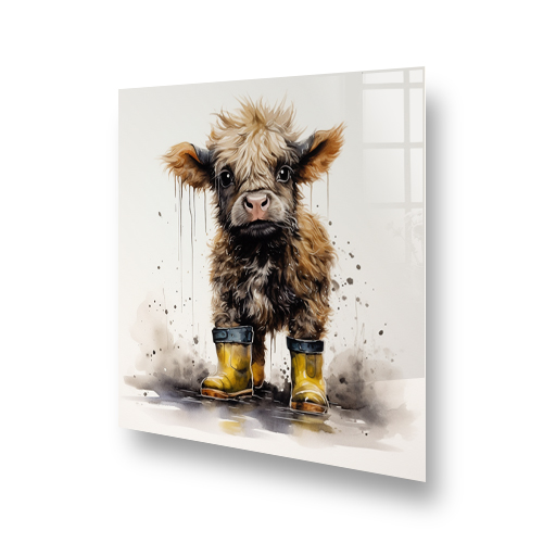 Fergus The Highland Cow Splashing in Mud Glass Splashback Side View