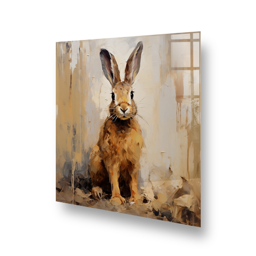 Elegant Honey the Hare kitchen splashback artwork, featuring warm golden tones and a nuanced, impressionistic style against a creamy, abstract backgro Side View