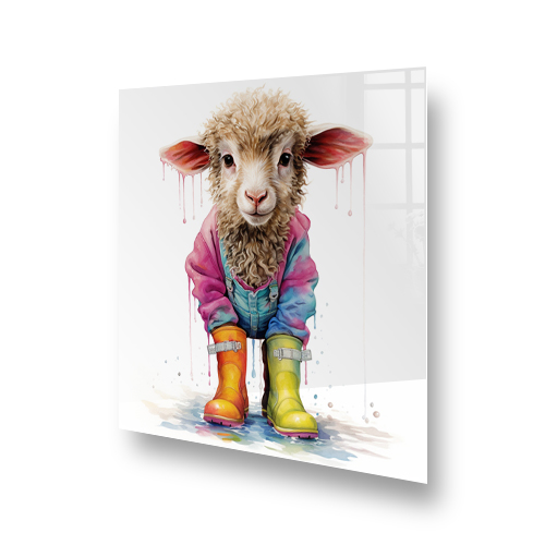 Blossom the lamb in colourful clothing printed kitchen splashback Side View