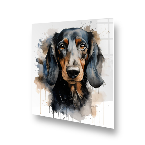 Watercolour-style printed Dachshund kitchen splashback art with earthy and grey tones Side View