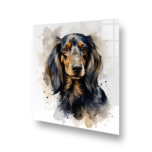 Long-haired Dachshund printed kitchen splashback in warm colours with watercolour effect Side View