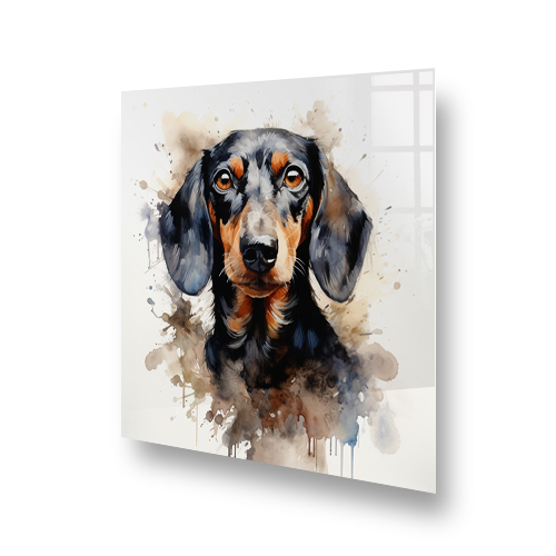A printed Dachshund splashback with watercolour style in a kitchen Side View