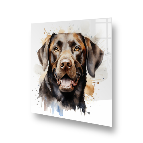 Printed Labrador dog splashback art in warm browns and creams with watercolour accents Side View