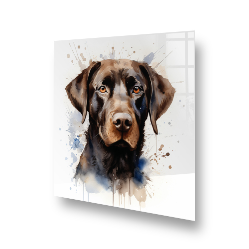 Artistic Chocolate Labrador printed glass splashback with colour splashes in brown and blue hues Side View