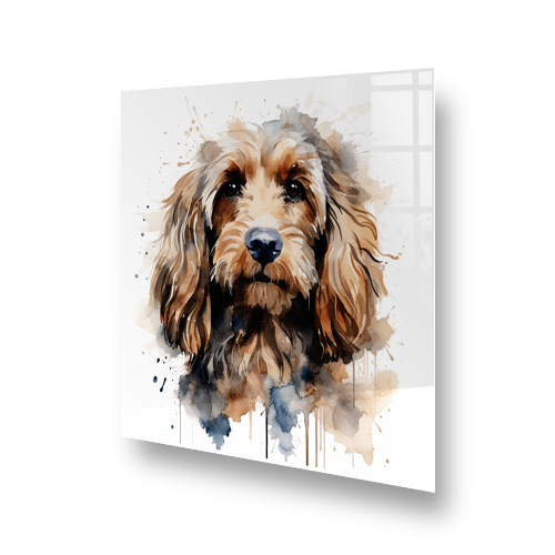 Cocker Spaniel printed kitchen splashback in watercolour style with brown and blue hues Side View