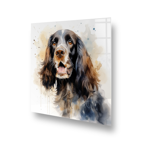 Watercolour illustration of a Cocker Spaniel on a kitchen splashback with warm and cool tone splashes Side View