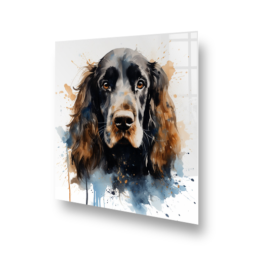 Artistic printed Cocker Spaniel splashback with watercolour design in shades of brown, cream, blue, and black Side View