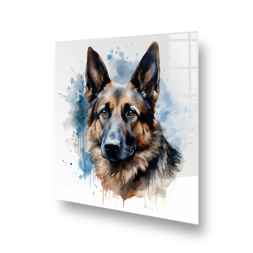 Artistically painted German Shepherd in blues and browns on kitchen splashback Side View