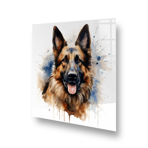 Watercolour German Shepherd printed kitchen splashback with vibrant colours and artistic drips Side View