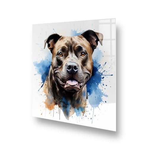Staffordshire Bull Terrier watercolour art kitchen splashback with blue and sienna accents Side View