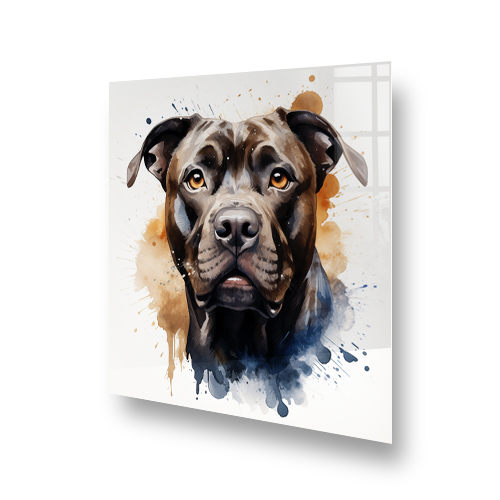 Artistic printed mastiff dog splashback in a kitchen setting, with a blend of brown, white, and blue watercolour tones. Side View
