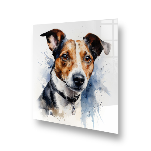 Jack Russell Terrier painted on a kitchen splashback with blue and brown watercolour splashes Side View