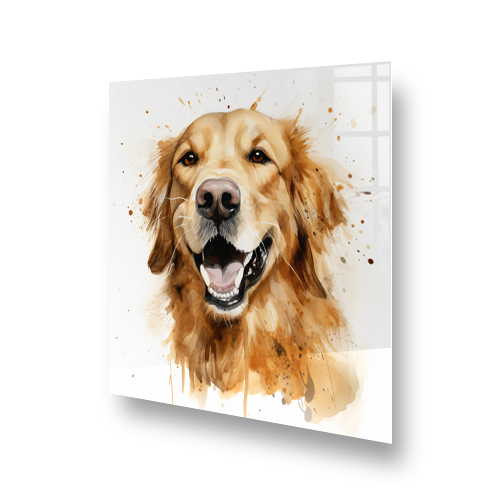 Joyful Golden Retriever printed on a kitchen splashback with white background and golden paint splashes Side View