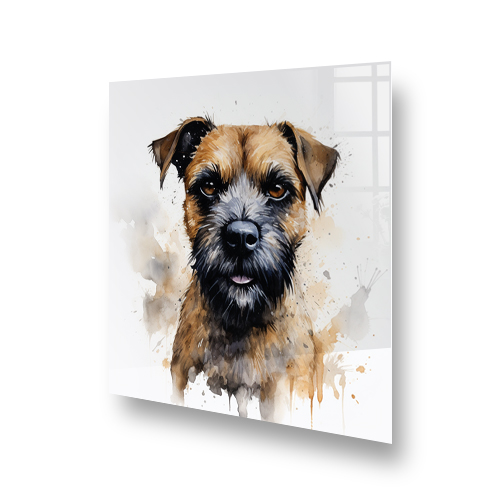 Artistic illustration of a Terrier dog on a kitchen splashback with soft watercolour splashes Side View