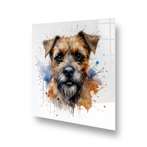Watercolour painted Terrier on a kitchen splashback with blue and orange accents Side View