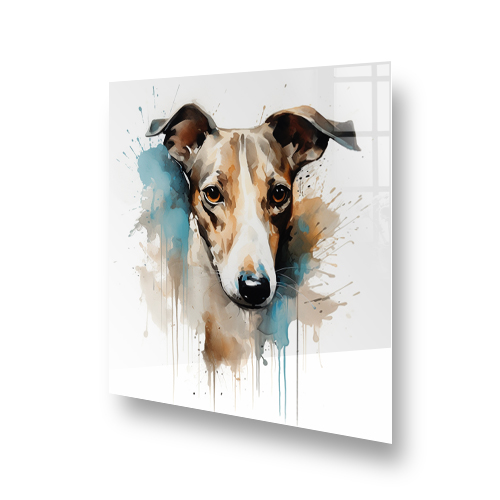 Artistic watercolour Whippet printed kitchen splashback in a modern kitchen Side View