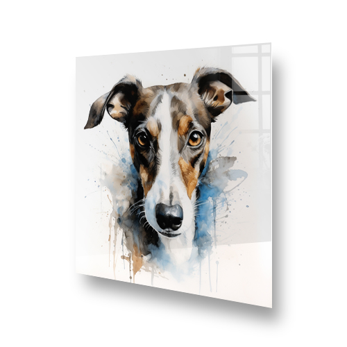 Artistic watercolour whippet illustration on a kitchen splashback Side View