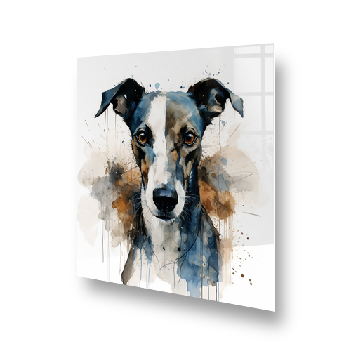 Artistic printed Whippet dog splashback in a kitchen with abstract watercolour design in brown and blue shades Side View