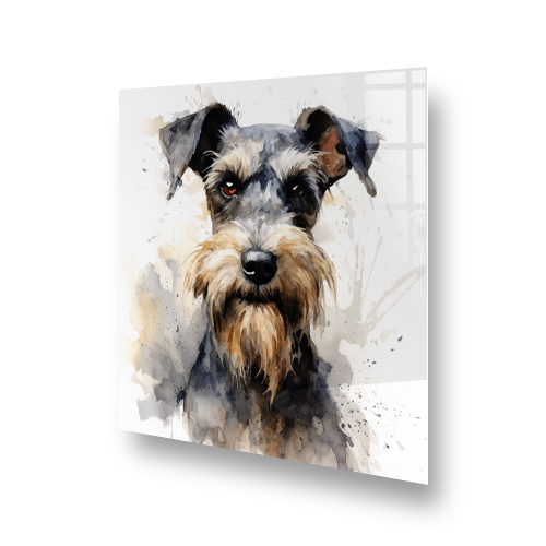 Artistic Miniature Schnauzer printed glass splashback with watercolour splashes in beige, grey, and black tones. Side View