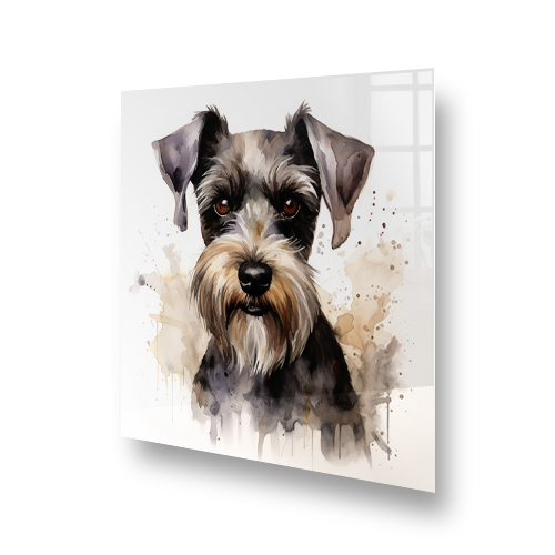 A printed Schnauzer dog kitchen splashback in earthy watercolour tones Side View