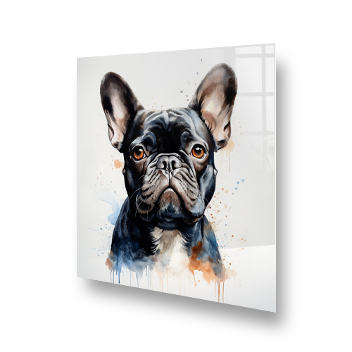 Artistic French Bulldog printed kitchen splashback in charcoal, blue, and sienna Side View