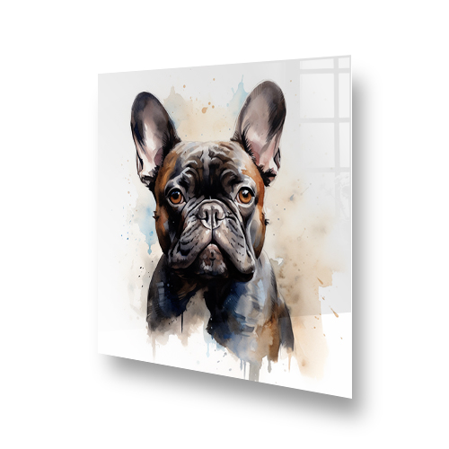 Artistic French Bulldog portrait kitchen splashback in a mix of brown, blue, and black hues Side View