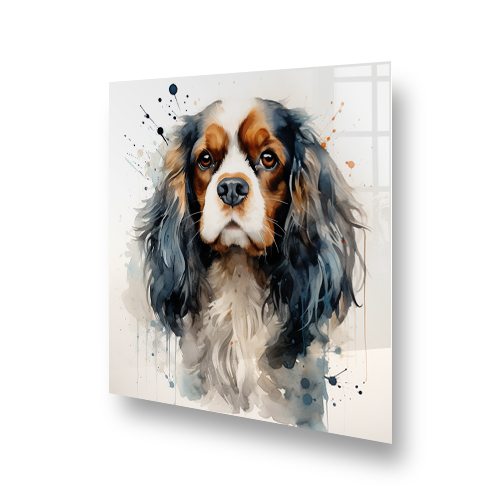 Artistic printed Cavalier King Charles Spaniel kitchen splashback in watercolour style with blue and earthy tones Side View