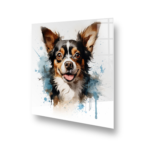 Colourful printed Chihuahua splashback, with abstract blue and brown watercolour splashes, above a cooker. Side View