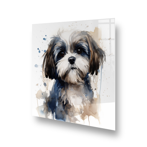 Illustrated Shih Tzu in watercolours on a printed kitchen splashback Side View