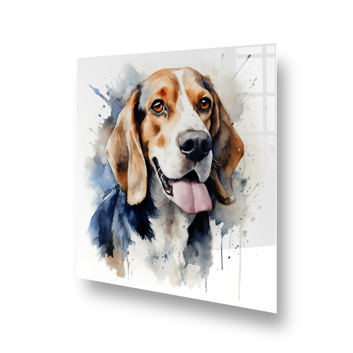 Beagle dog watercolour art splashback in kitchen with hints of blue and brown Side View