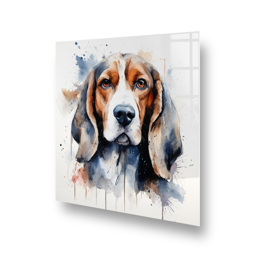 Artistic Beagle dog printed kitchen splashback in brown, amber, and blue hues Side View