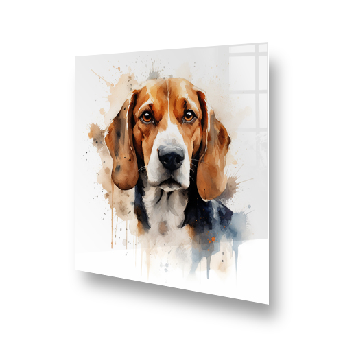 Watercolour painted Beagle on kitchen splashback above cooker in warm and cool hues Side View