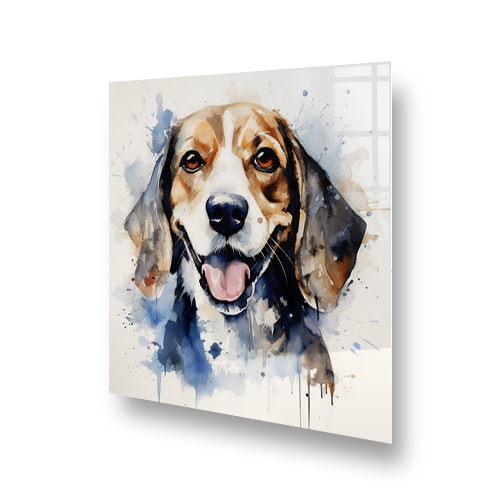 Colourful printed Beagle splashback art featuring a watercolour painting of a friendly Beagle in a kitchen setting Side View